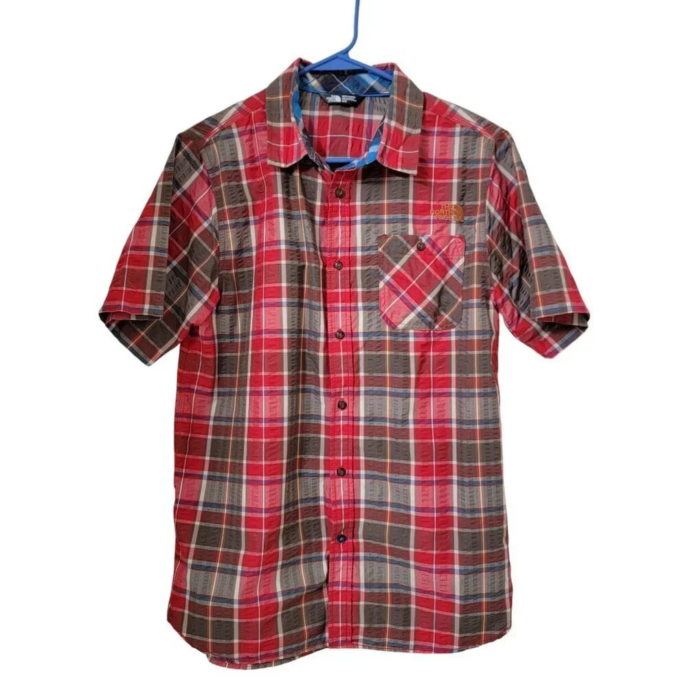 The North Face Size M Seersucker Red, White, Blue & Taupe Button Down Shirt